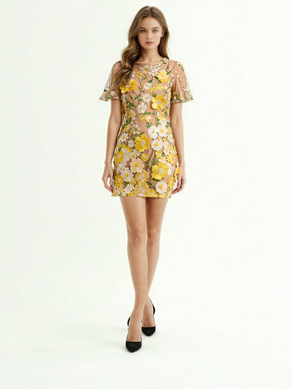 Patchwork Flower Mesh Short Dress