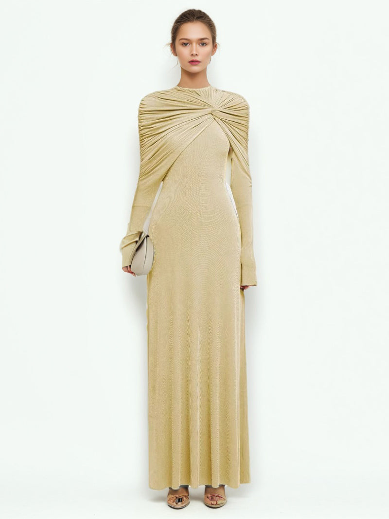 Elegant Solid Pleated Long Dress
