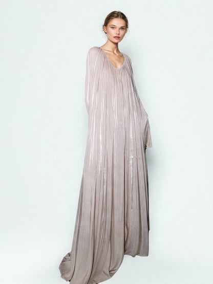 Pleated Solid Elegant Long Dress