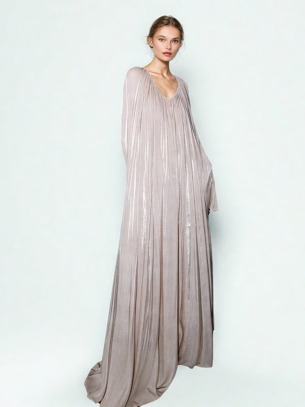 Pleated Solid Elegant Long Dress