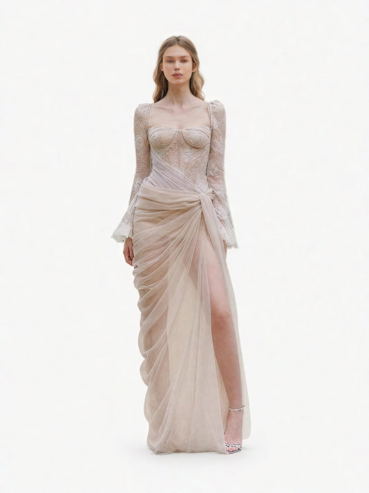 Elegant Mesh Square Collar Long Dress