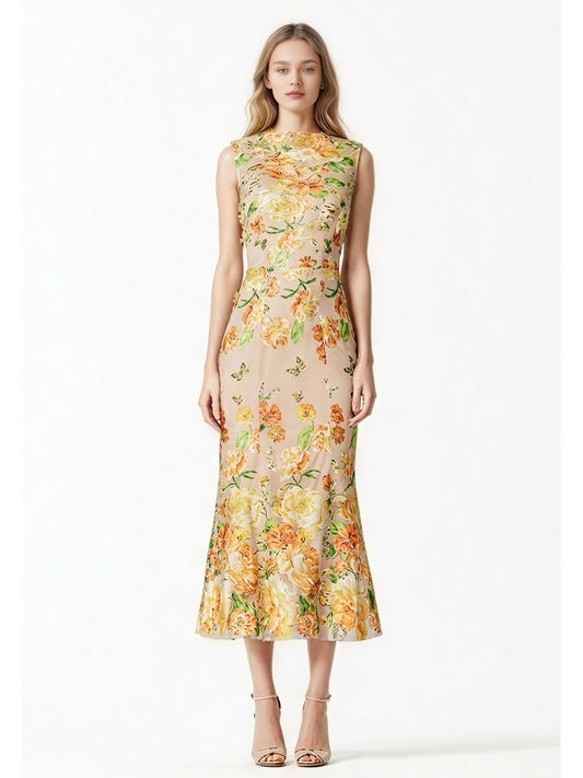 Patchwork Flower Sleeveless Long Dress