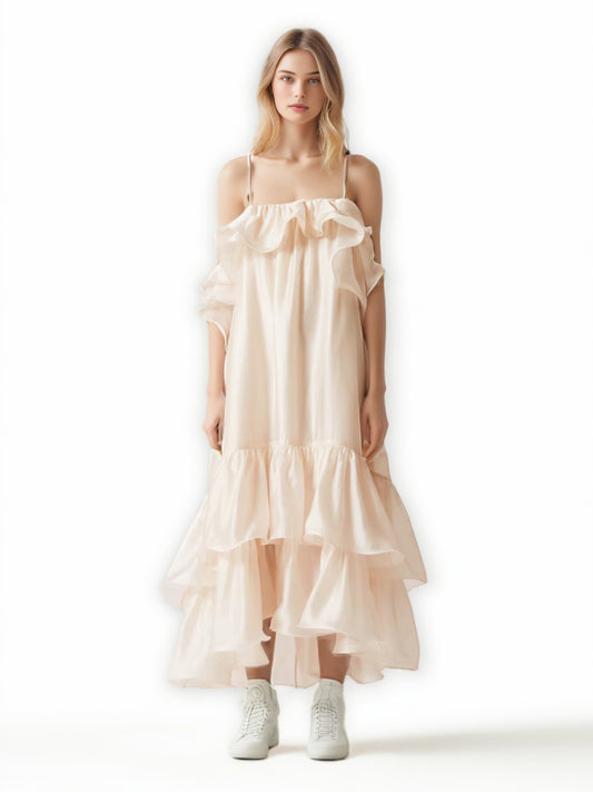 Solid Ruffles Strap Long Dress