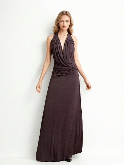 Deep V-neck Solid Long Dress