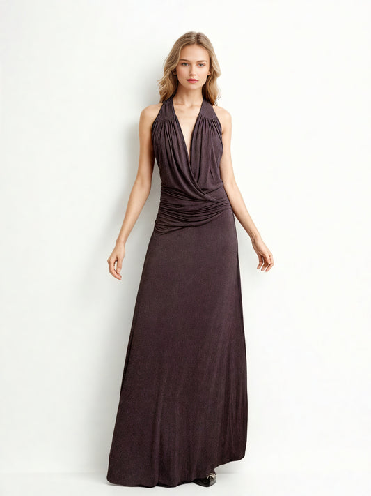 Deep V-neck Solid Long Dress