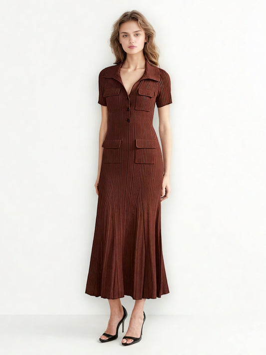 V-neck Knit Solid Long Dress