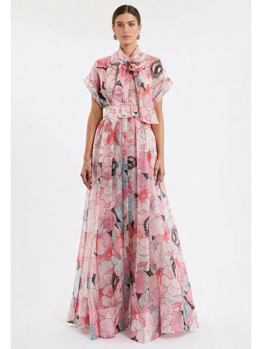 Print Belt Pleated Long Dress