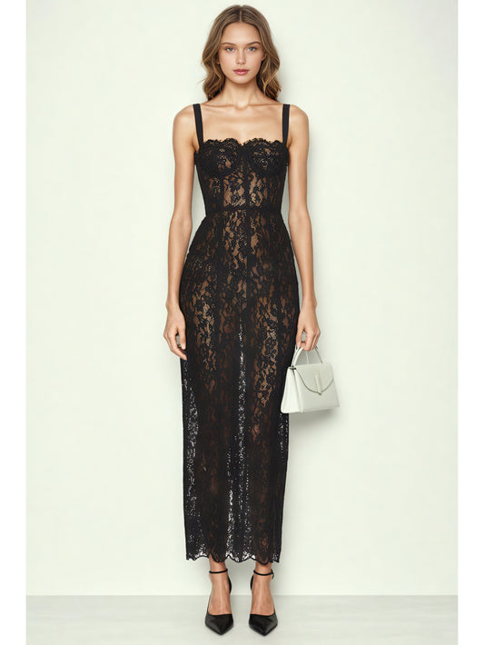 Solid Patchwork Lace Strap Long Dress