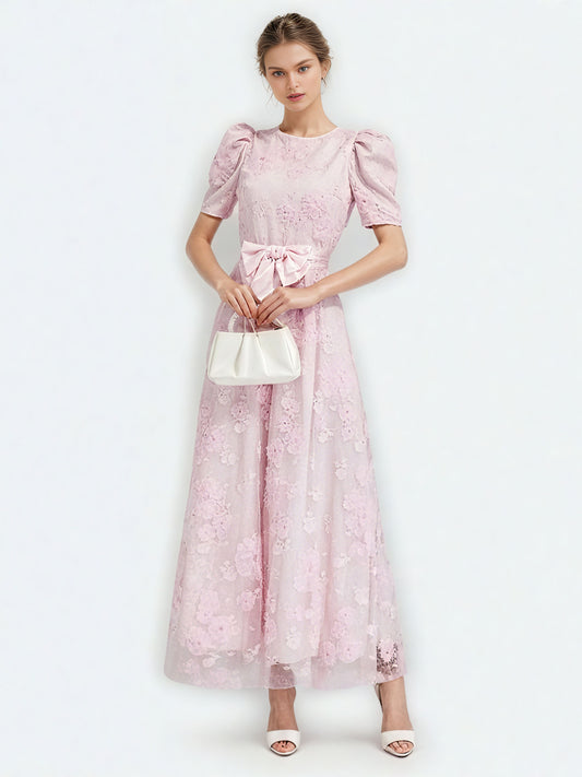 Patchwork Bowknot Mesh Long Dress