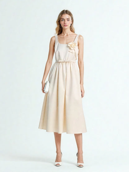 Square Collar Patchwork Midi Dress