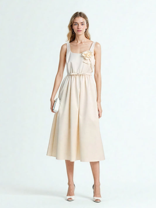Square Collar Patchwork Midi Dress