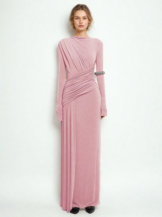 Elegant Solid Pleated Long Dress