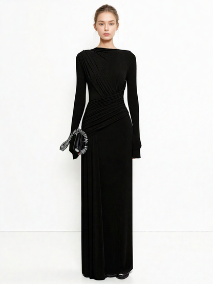 Elegant Solid Pleated Long Dress