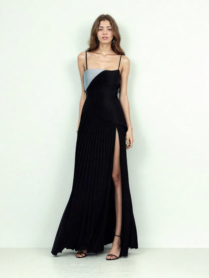 Patchwork Strap Pleated Long Dress