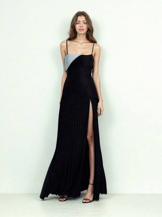 Patchwork Strap Pleated Long Dress