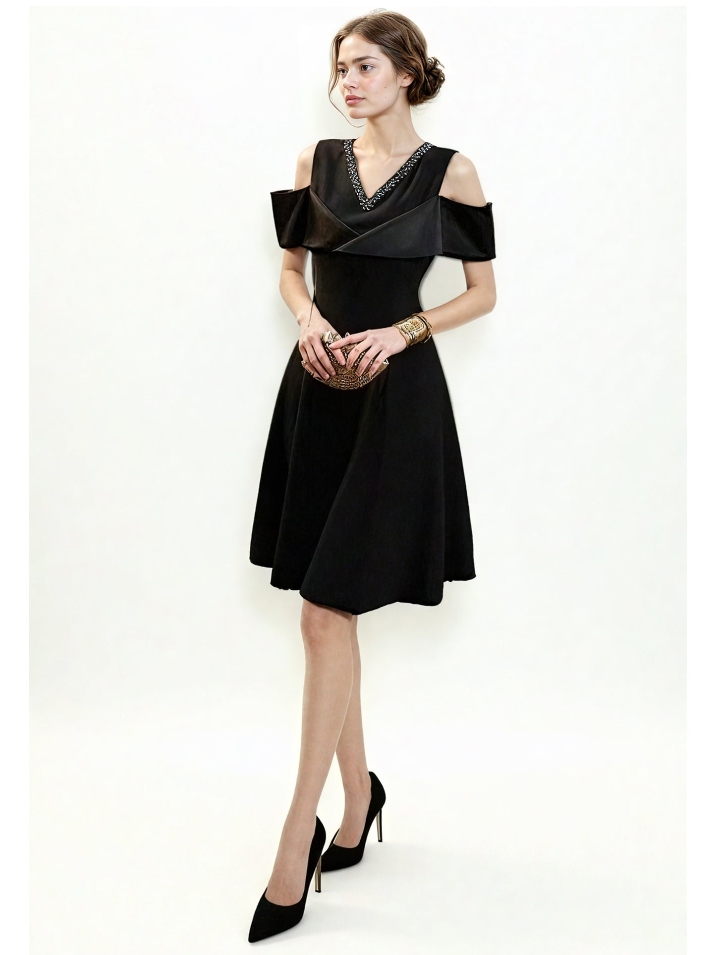 V-neck Solid Patchwork Short Dress