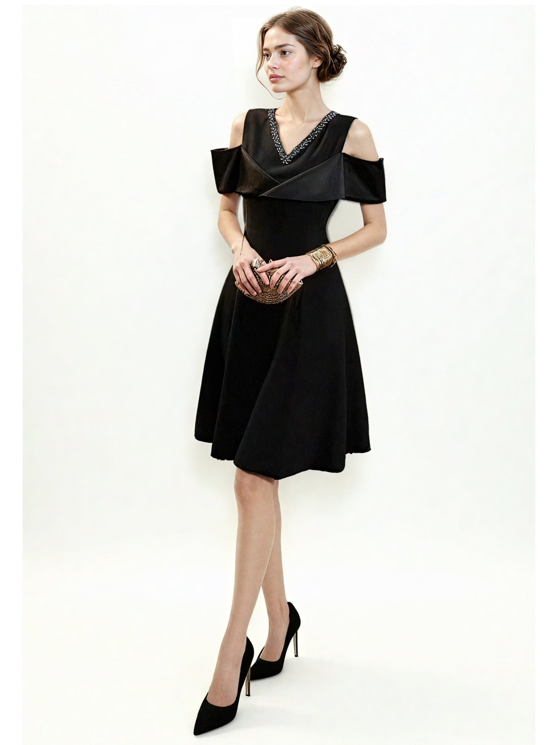 V-neck Solid Patchwork Short Dress