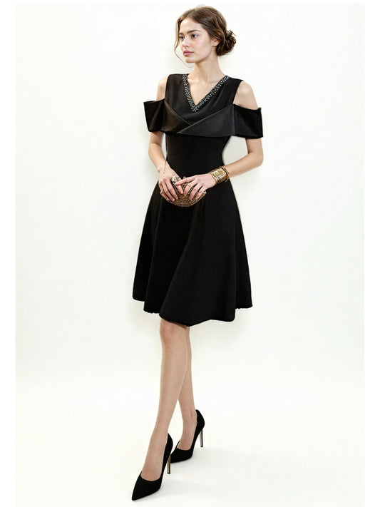 V-neck Solid Patchwork Short Dress
