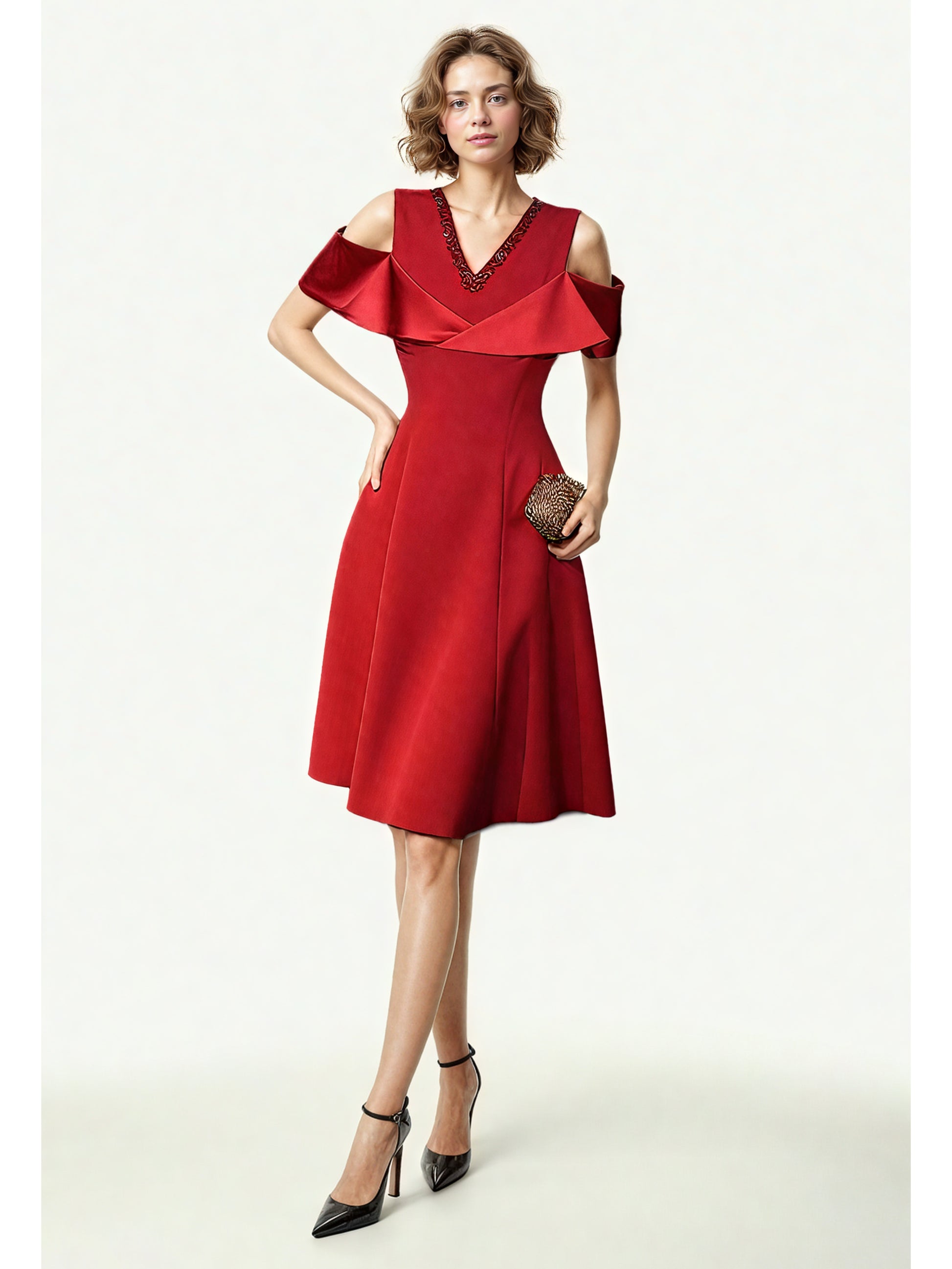 V-neck Solid Patchwork Short Dress