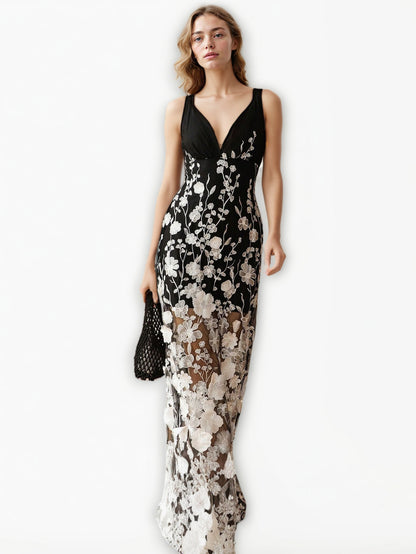 Hit Color V-neck Sleeveless Long Dress