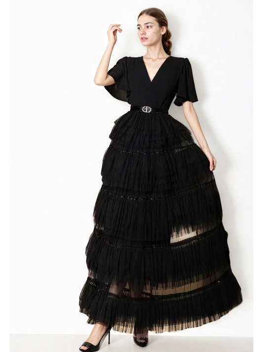 V-neck Solid Mesh Long Dress