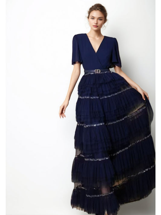 V-neck Solid Mesh Long Dress