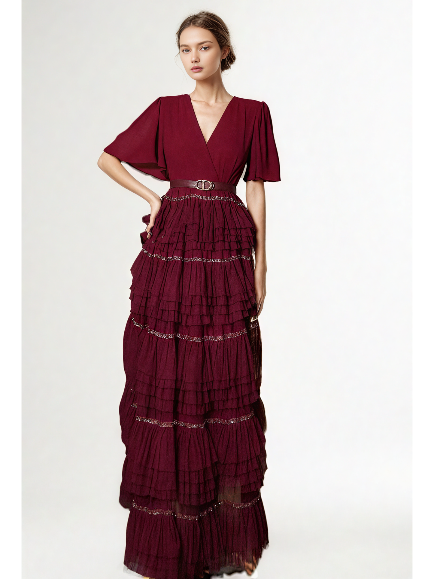 V-neck Solid Mesh Long Dress