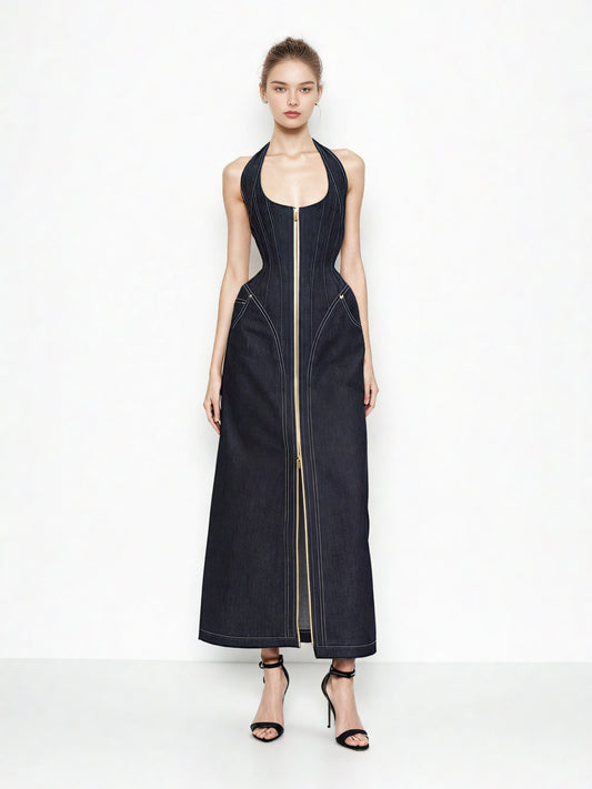 Elegant Denim Sleeveless Long Dress
