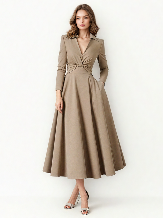 Elegant Solid V-neck Long Dress