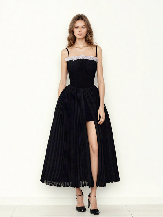 Patchwork Strap Pleated Long Dress