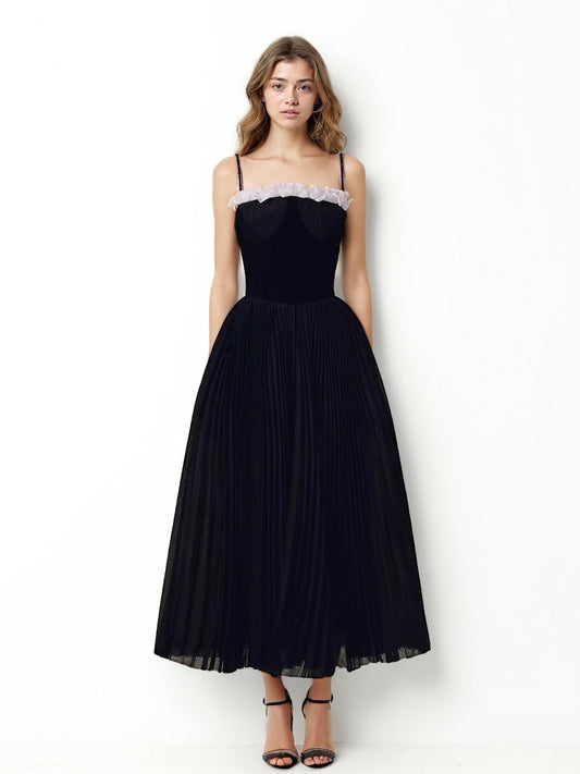 Patchwork Strap Pleated Long Dress