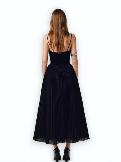 Patchwork Strap Pleated Long Dress
