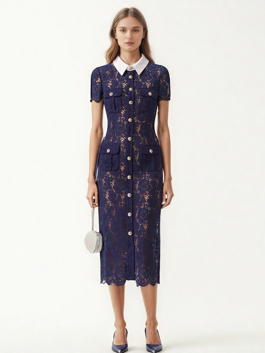 Elegant Lace Hit Color Midi Dress
