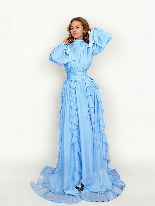Solid Patchwork Ruffles Long Dress