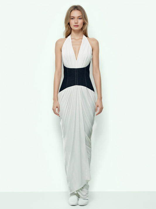Hit Color V-neck Sleeveless Long Dress