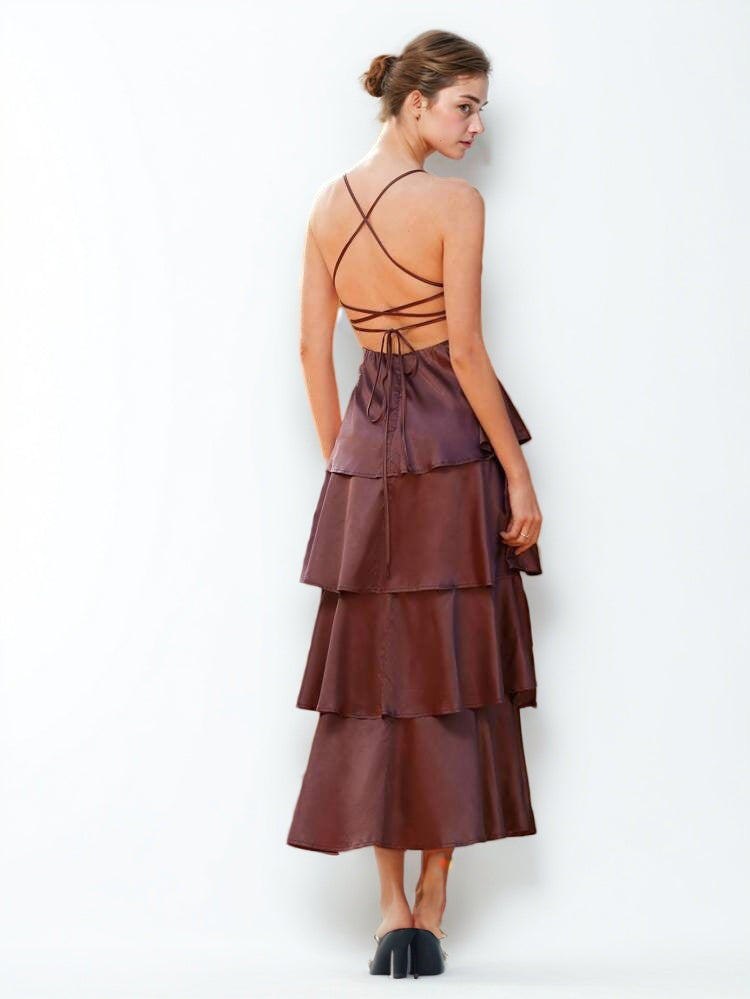 Deep V-neck Solid Long Dress