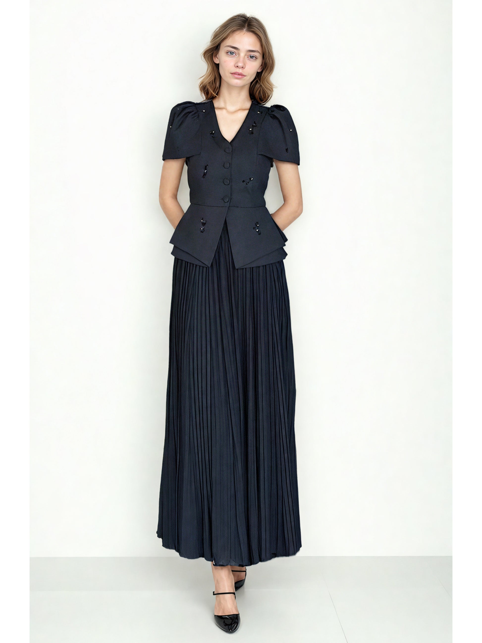V-neck Solid Pleated Two Piece Set