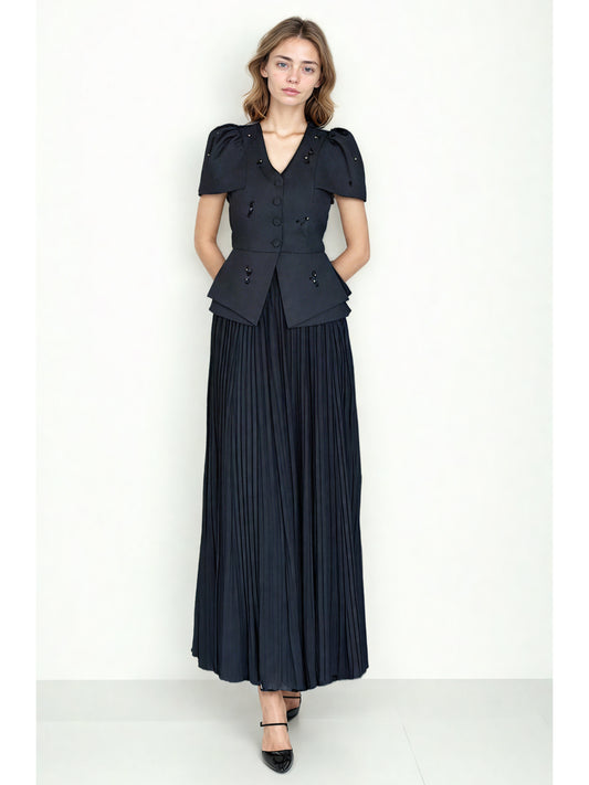 V-neck Solid Pleated Two Piece Set