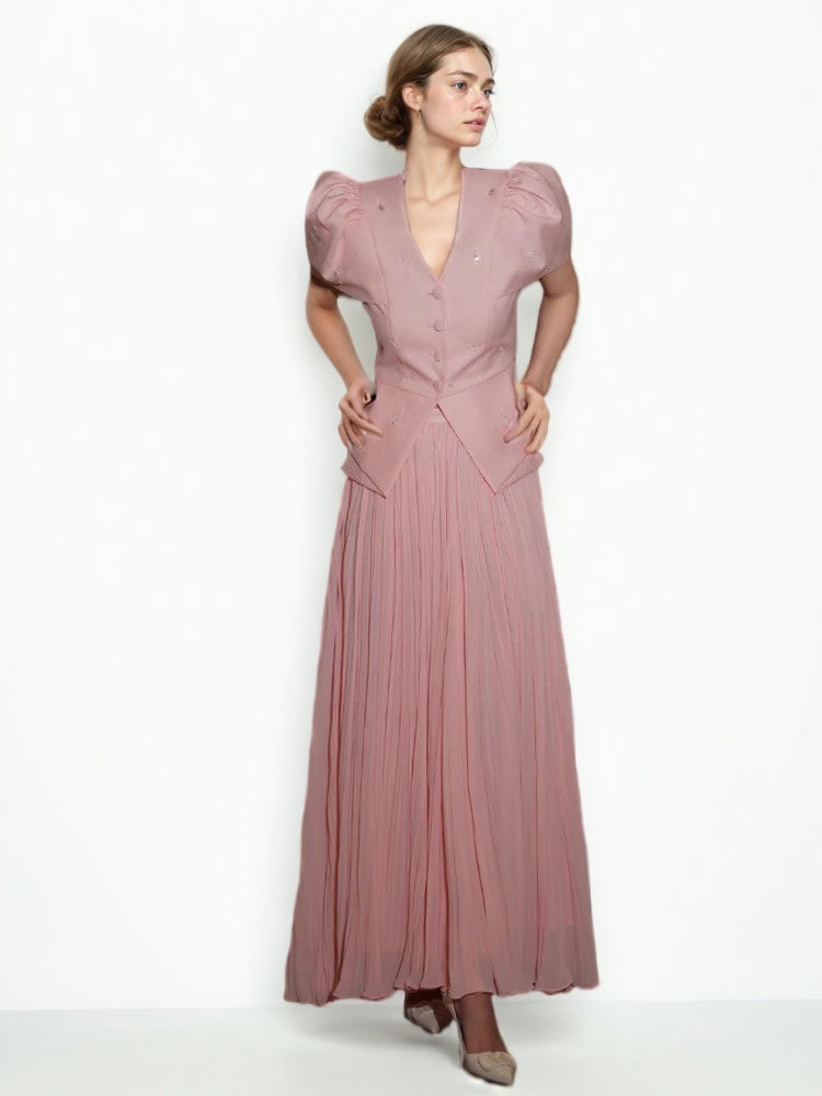 V-neck Solid Pleated Two Piece Set