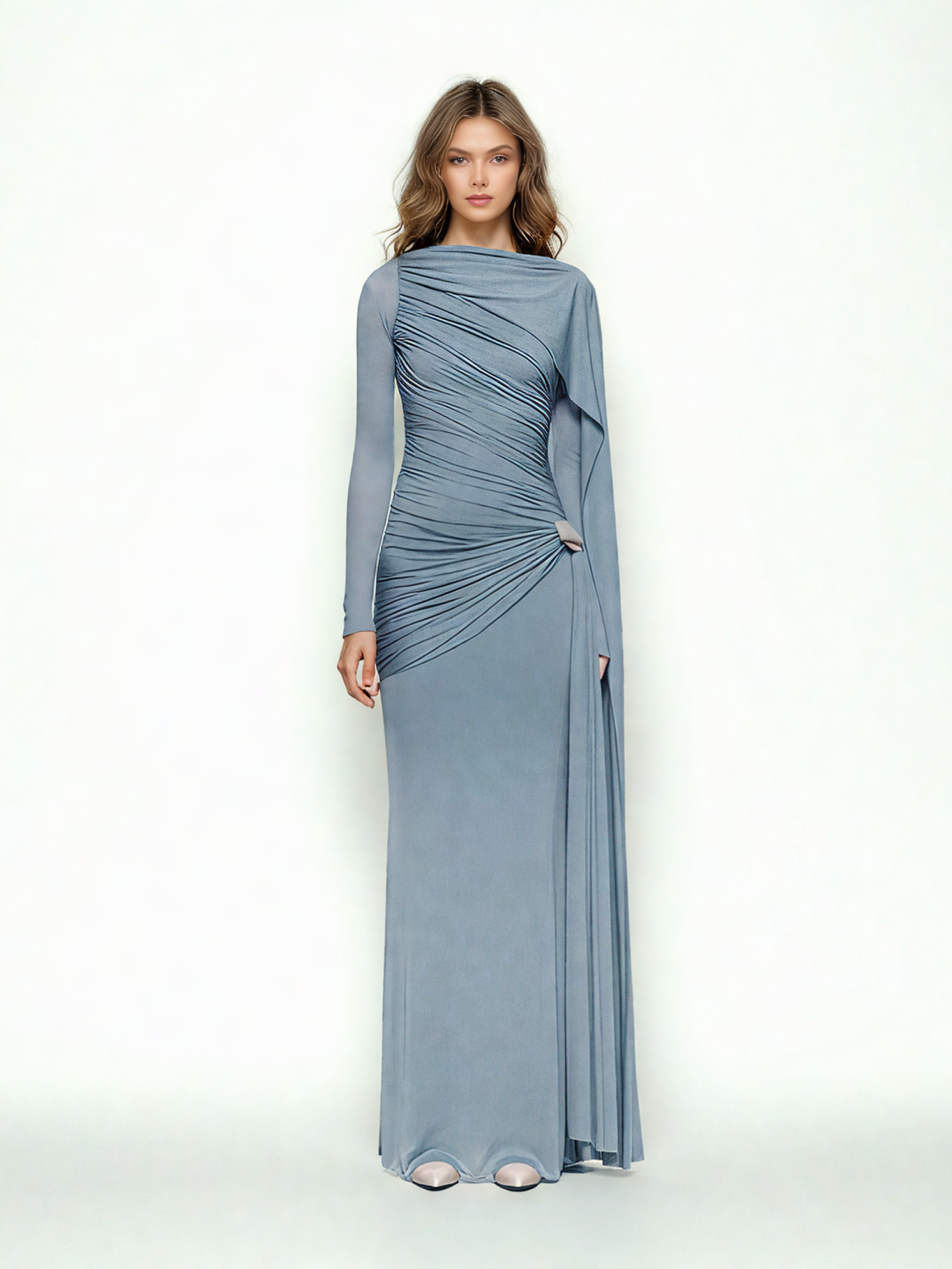 Solid Ruched Long Sleeves Long Dress