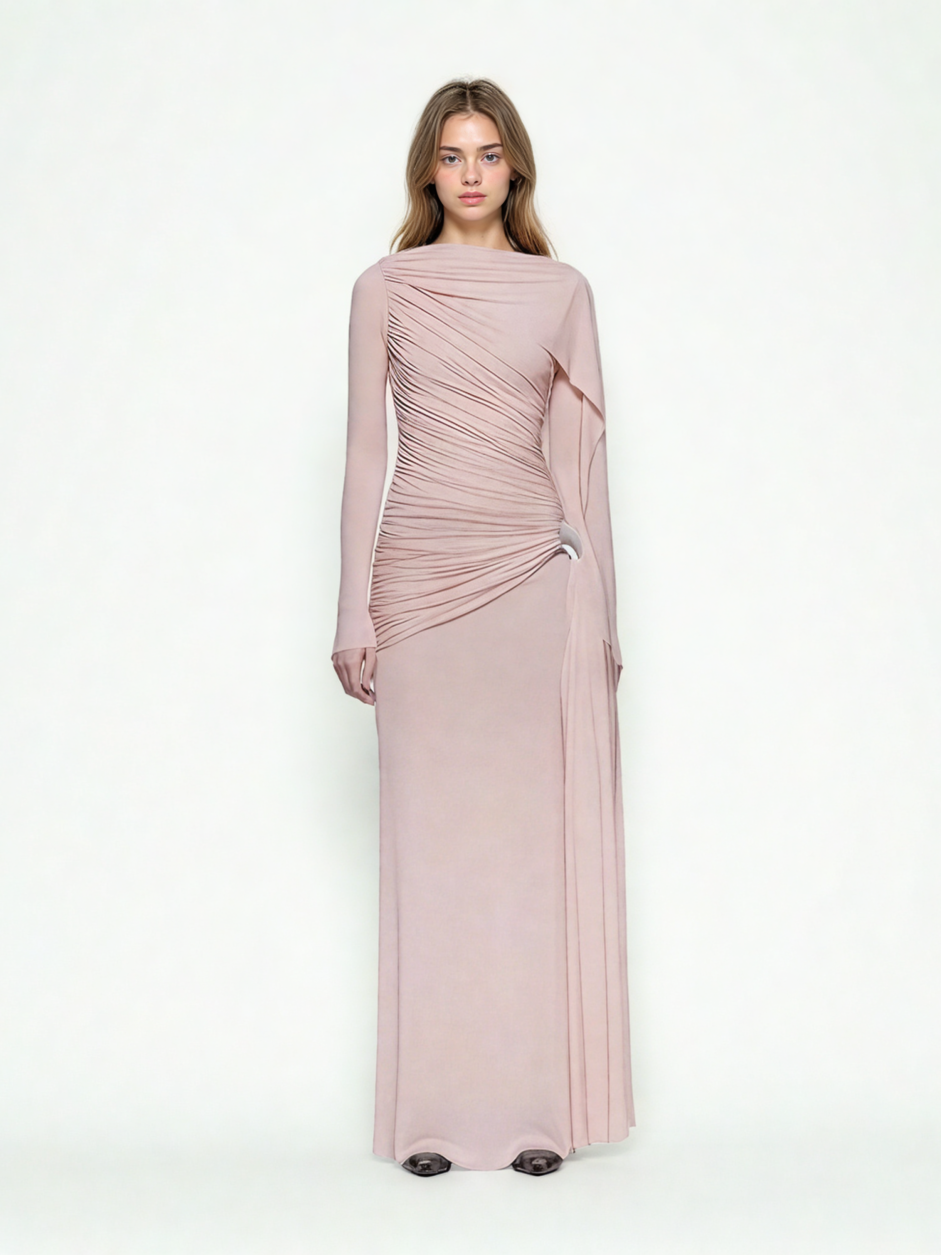 Solid Ruched Long Sleeves Long Dress