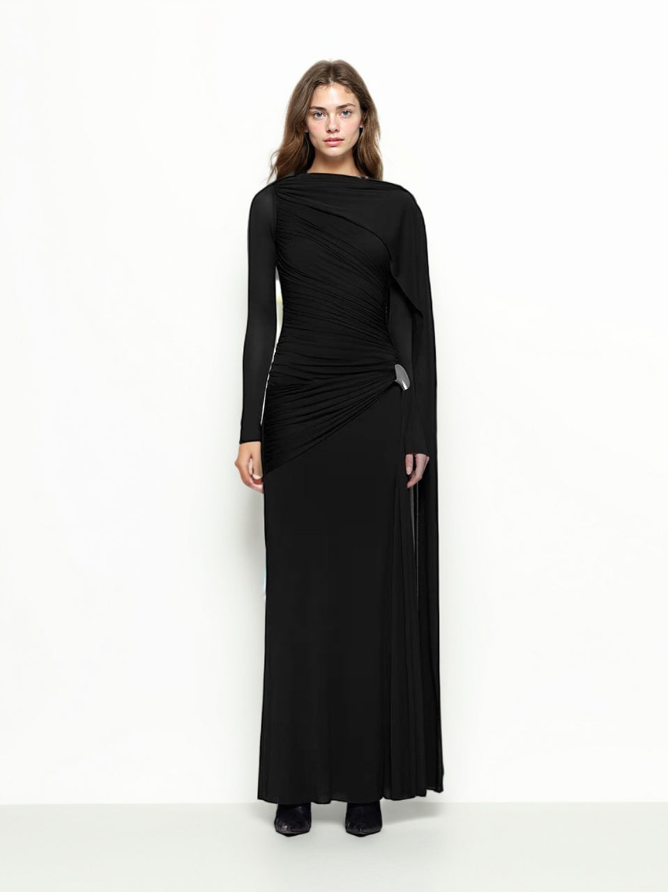 Solid Ruched Long Sleeves Long Dress
