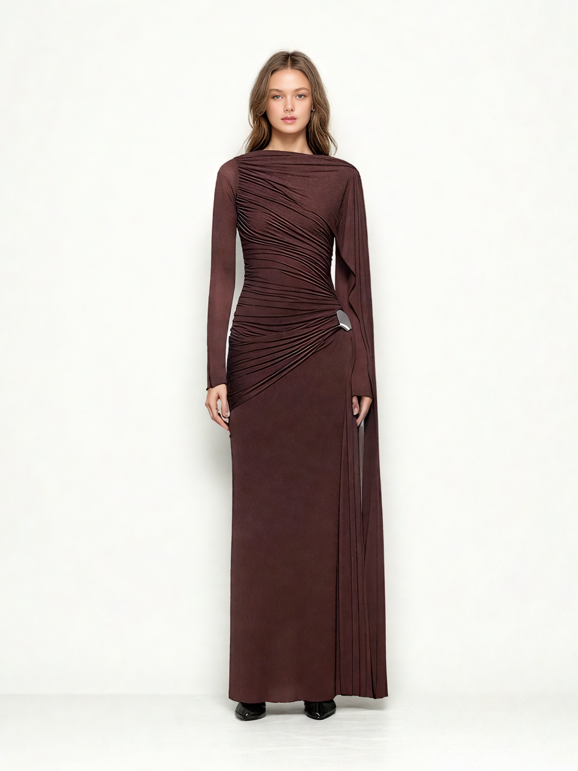 Solid Ruched Long Sleeves Long Dress