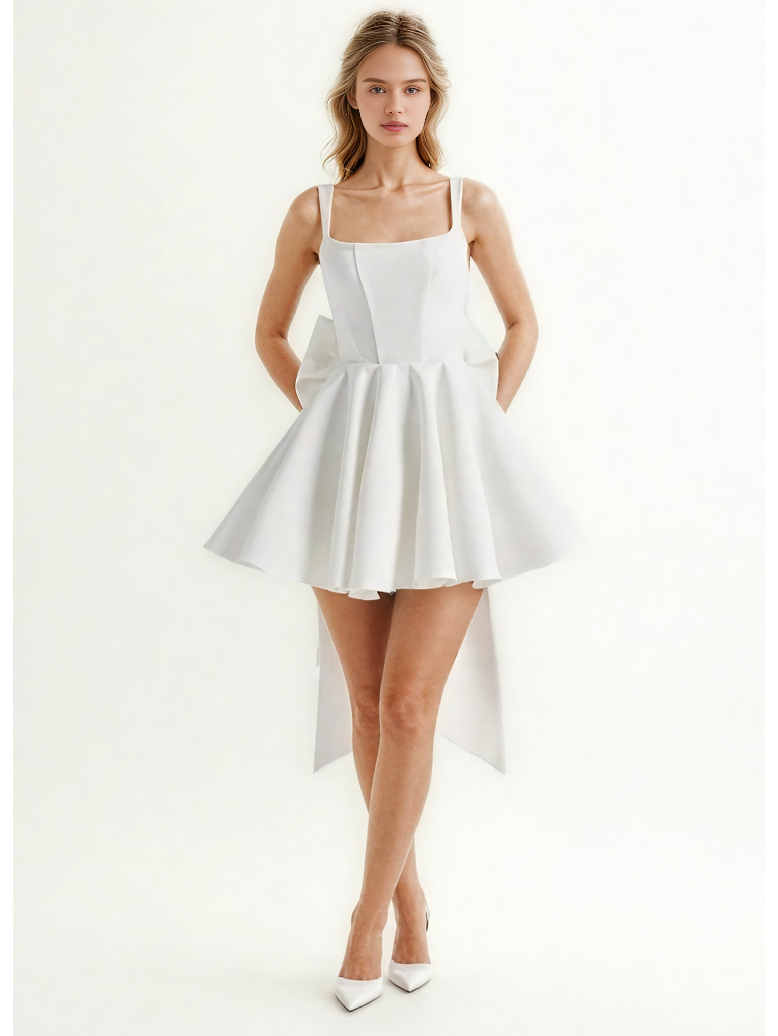 Square Collar Patchwork Bowknot Short Dress