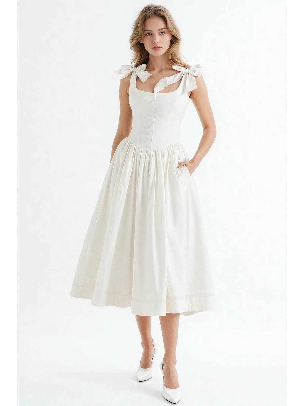 Square Collar Patchwork Bowknot Midi Dress