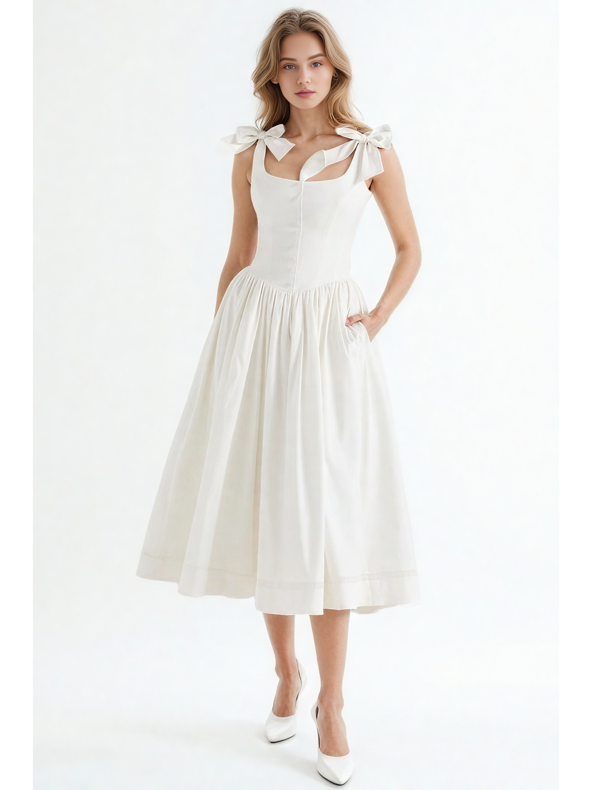 Square Collar Patchwork Bowknot Midi Dress