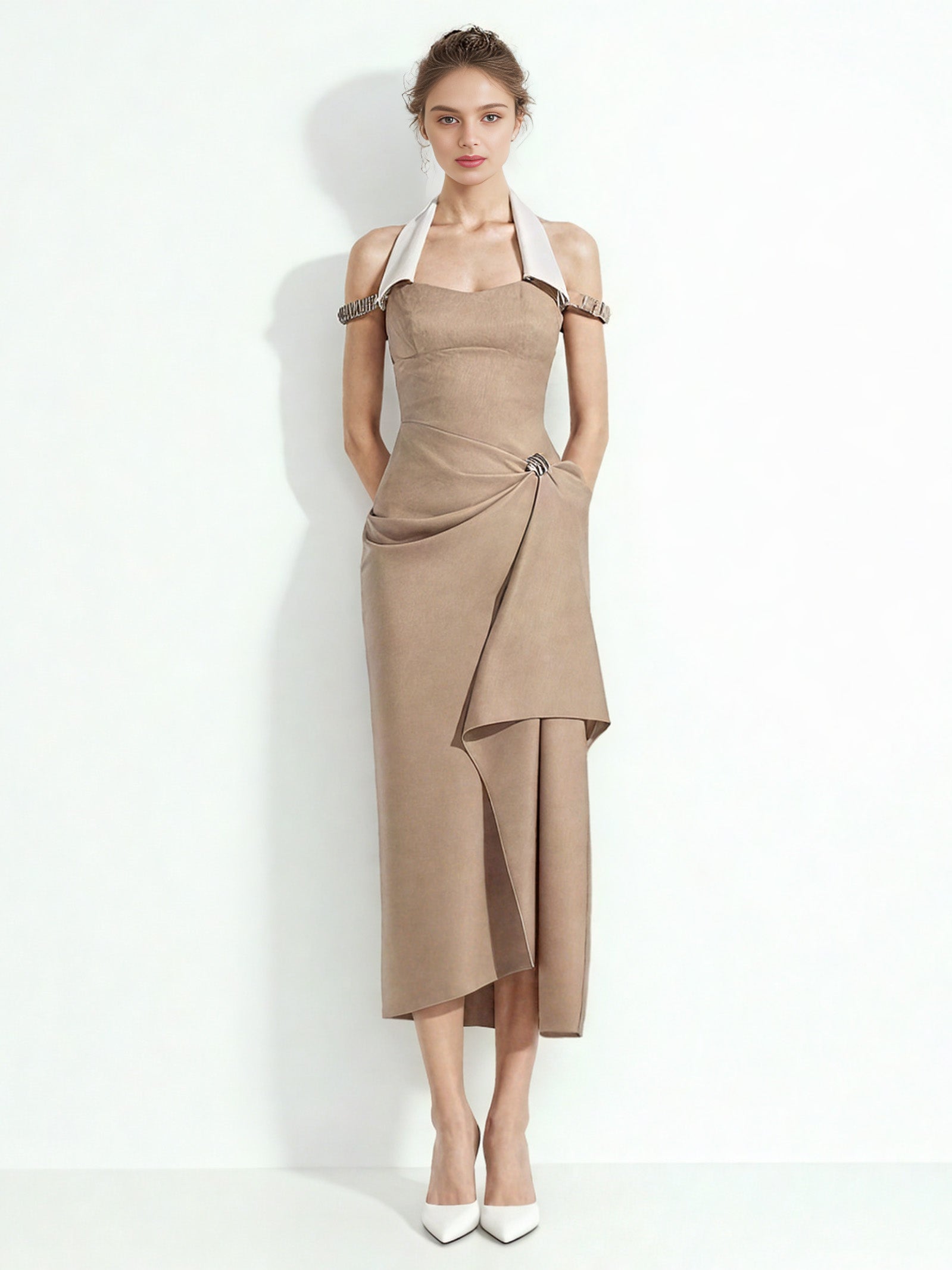 Neck Hanging Color Blocked Long Dress