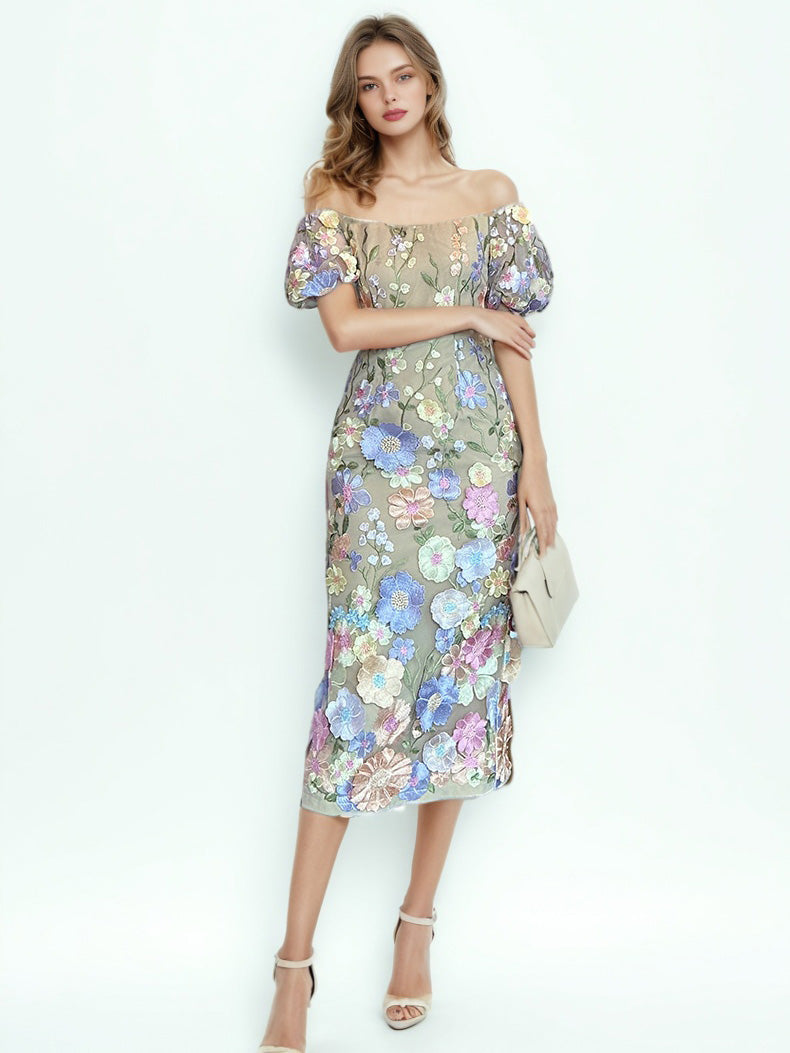 Patchwork Flower Mesh Midi Dress