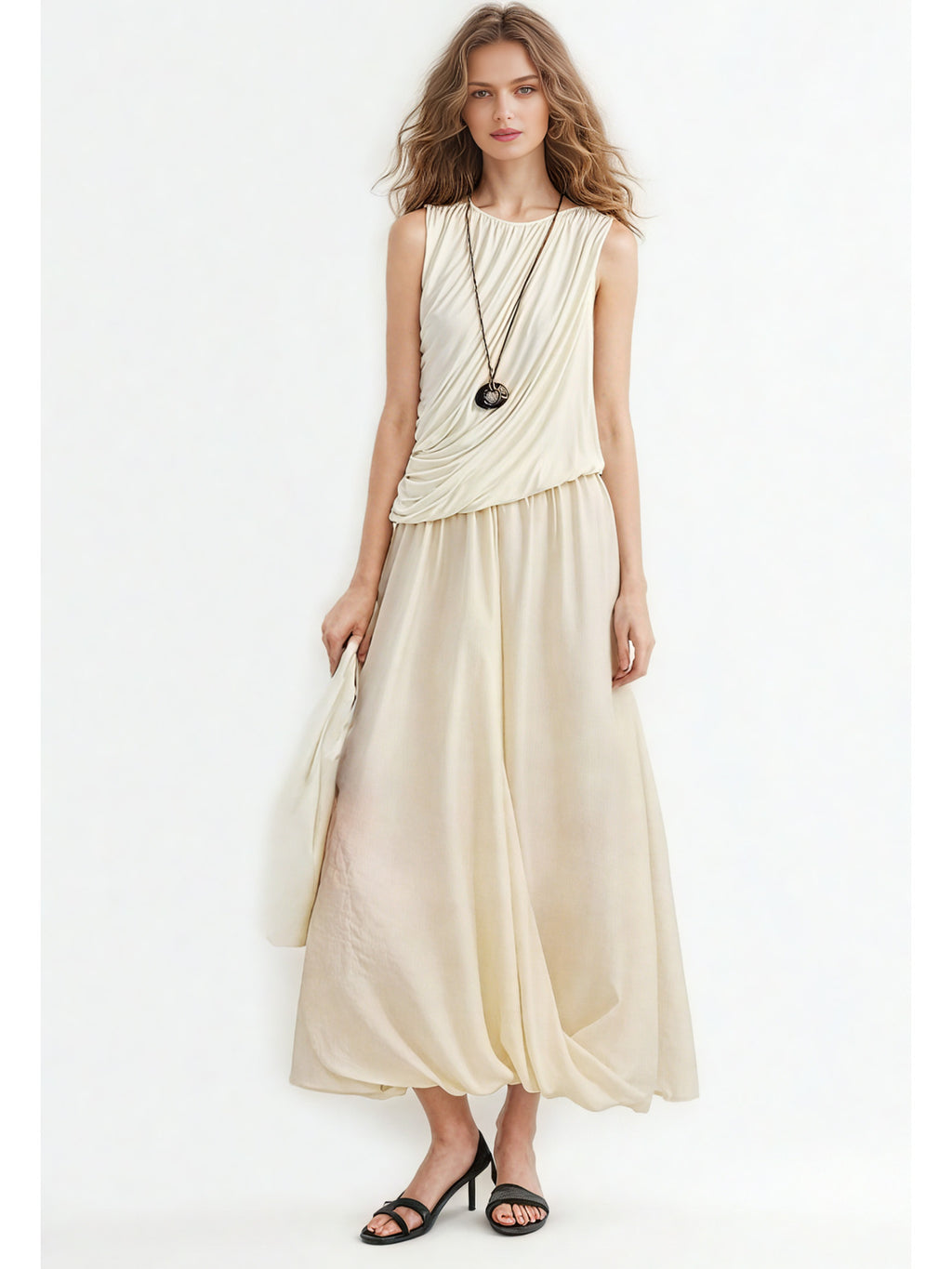 Solid Sleeveless Ruched Long Dress