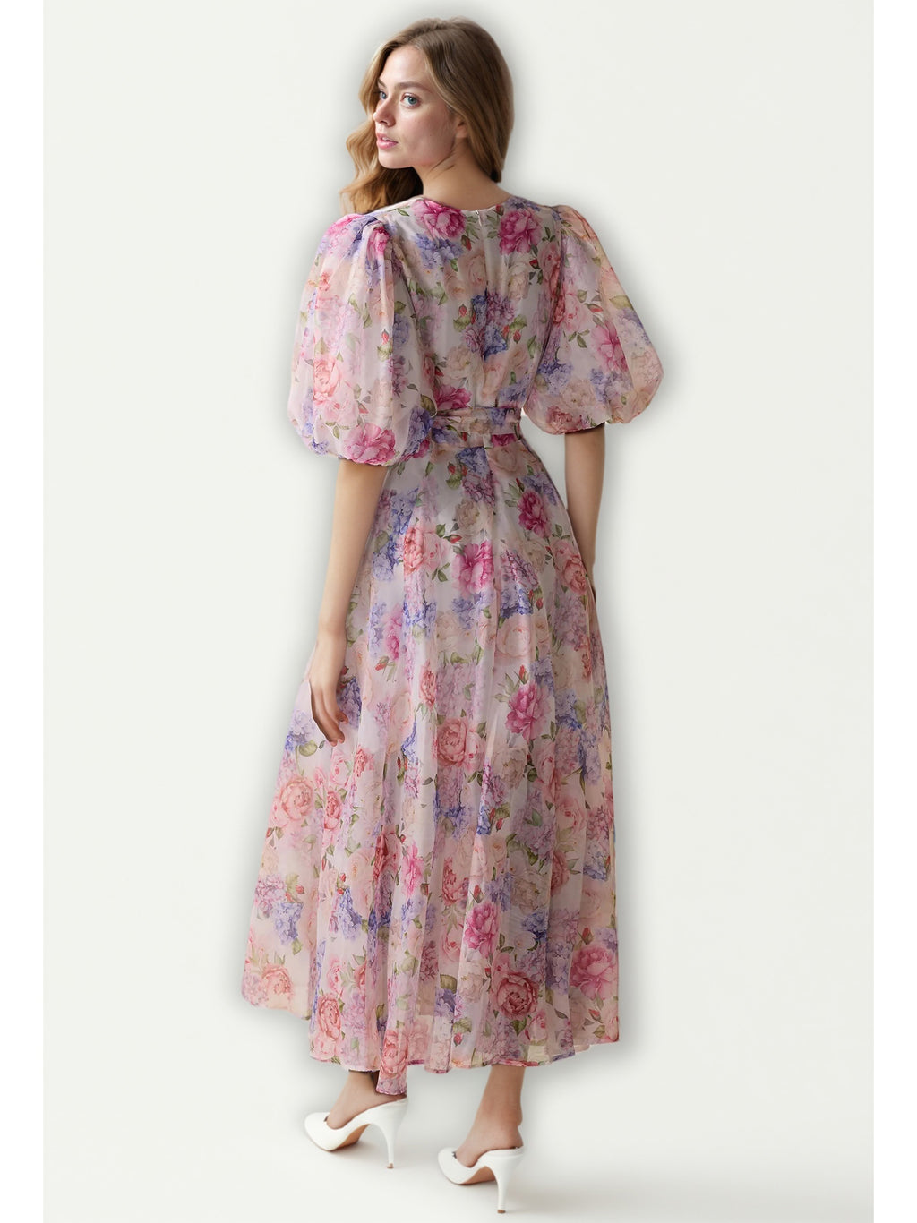 Print V-neck Pleated Long Dress